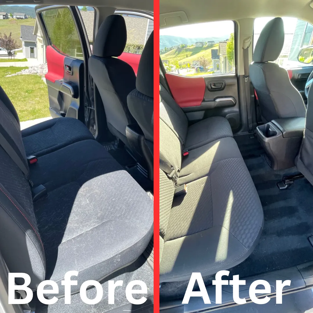Before and after of a back seat interior detail by Herd Detailing