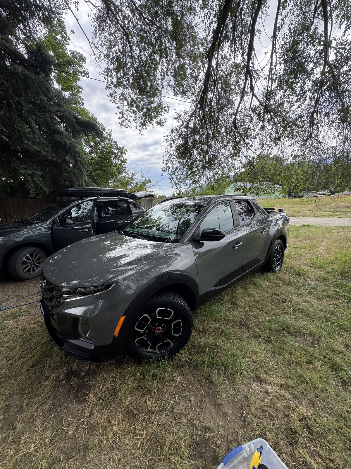 Gray Hyundai Santa Cruz after an exterior detail in Missoula